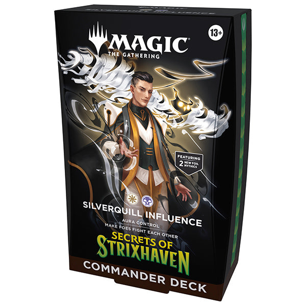 MTG Secrets of Strixhaven Commander Deck from Wizards of the Coast featuring colorful fantasy artwork and game cards.