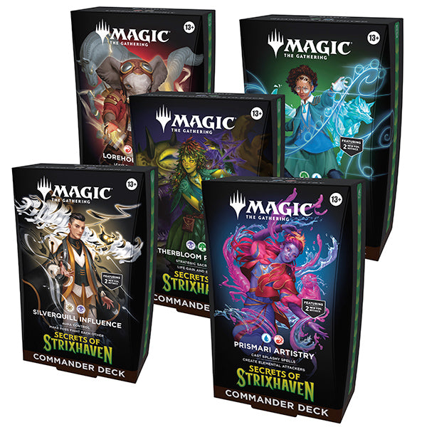 MTG Secrets of Strixhaven Commander Deck by Wizards of the Coast featuring colorful fantasy card illustrations and deck components.