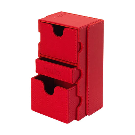 Vault X Exo-Tec Game Box 200+ in fire-red with multiple game cartridges and storage compartments, designed for gaming organization.