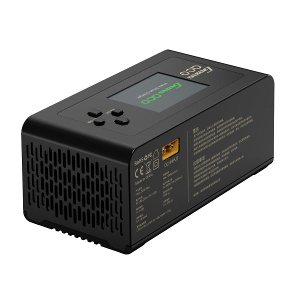 Gens Ace iMars D300 Plus smart charger in black, showing multiple charging ports and digital display on a clean surface.
