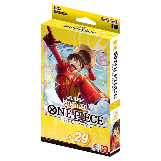 Bandai One Piece TCG Starter Deck Egghead featuring colorful character cards and game accessories in vibrant packaging.