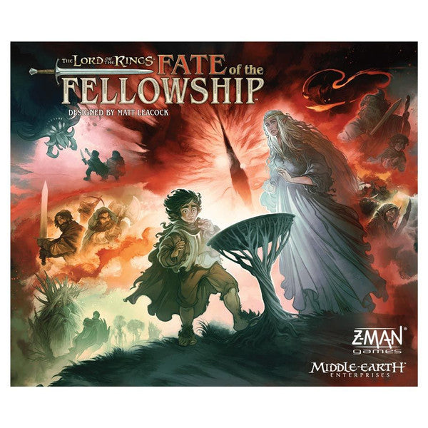 The Lord of the Rings: Fate of the Fellowship board game box front by Z-Man Games, featuring fantasy artwork and game title.