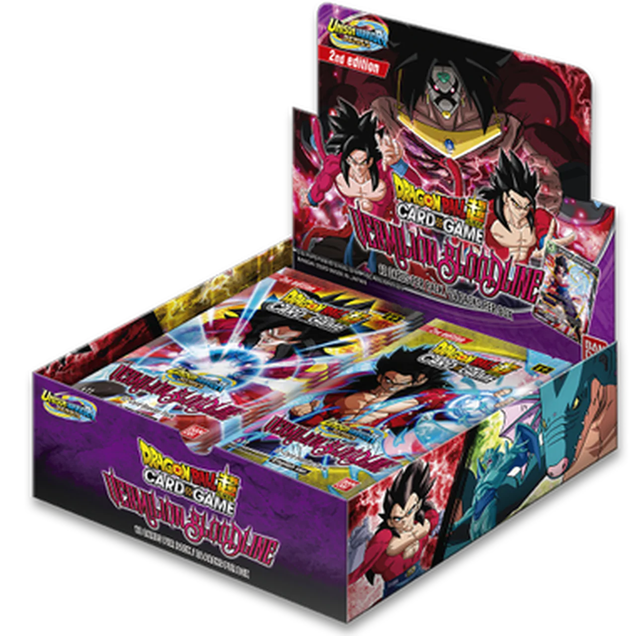 Bandai Dragon Ball Super Vermilion Bloodline Booster Box 2nd Edition with colorful packaging and Dragon Ball artwork.