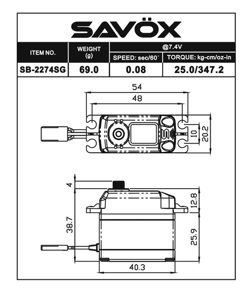 Savox - SB-2274-SG - High Voltage Brushless Digital Servo 0.080sec / 347.2oz @ 7.4V