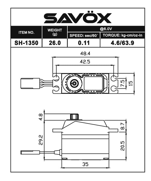 Savox: SH-1350 Mini Size Coreless Digital Servo .11/63 @ 6V