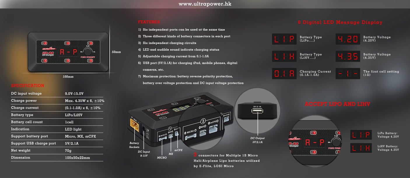 Ultra Power - UPTUPS6 - 25W 1S x 6 Compact DC Charger - Hobby Addicts