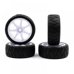 Set of four Xpress USGT Spec Radial Pre-Glued Spoked Wheels for RC cars, with detailed metal spokes and black rims.