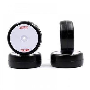 Xpress Competition 36S Pre-Glued RC car wheels with black tires and silver rims on a white background.