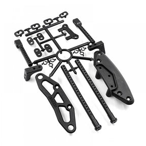 Xpress Low Profile Bumper Body Post Set V3 showing black bumper posts with mounting hardware for RC car.