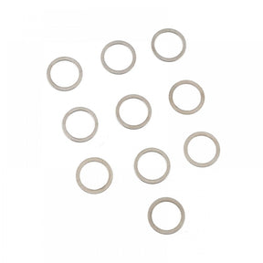 Set of ten Xpress 6x8x0.1mm drive axle spacers, small precision car parts for RC vehicle maintenance.