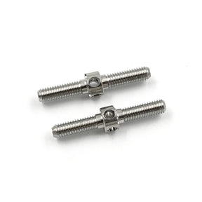 Two 23mm titanium turnbuckles by Xpress with threaded eye hooks, shown in a close-up image highlighting their metallic finish.