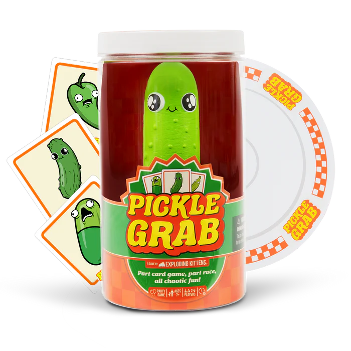 Exploding Kittens Pickle Grab game piece featuring a colorful pickle character on a white background.