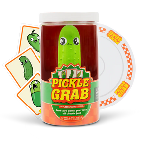 Exploding Kittens Pickle Grab game piece featuring a colorful, cartoon-style pickle character on a plain background.