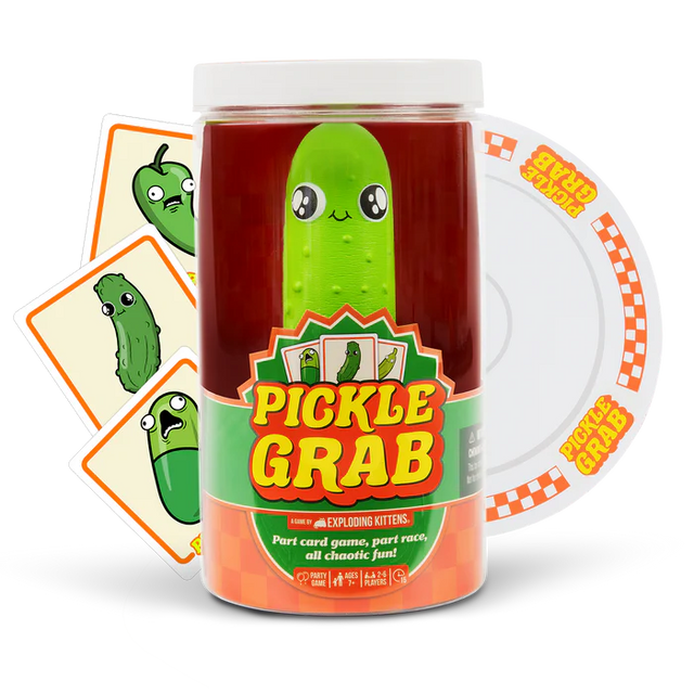 Exploding Kittens Pickle Grab game piece featuring a colorful pickle character on a white background.