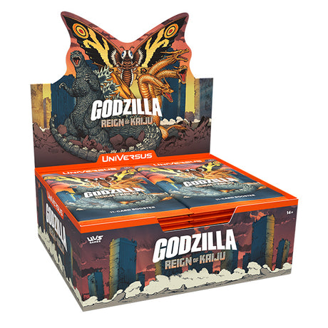 Universus Godzilla Reign of Kaiju booster box from UVS Games featuring colorful card artwork and packaging.