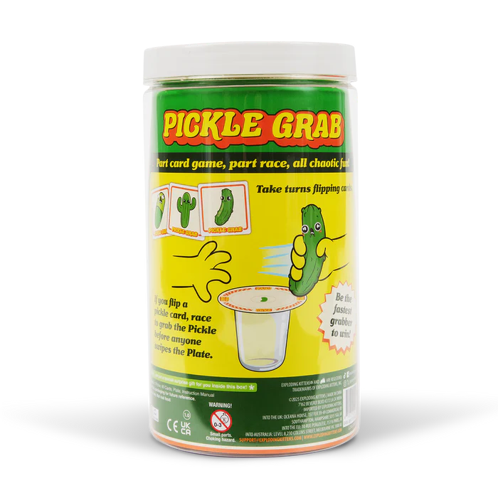 Exploding Kittens Pickle Grab toy with colorful pickle design and playful cartoon style on a white background.