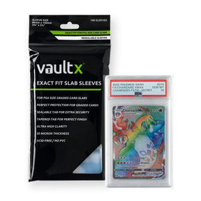 Vault X Exact Fit Slab Sleeves PSA for protecting collectible cards, shown in clear plastic with snug fit design.