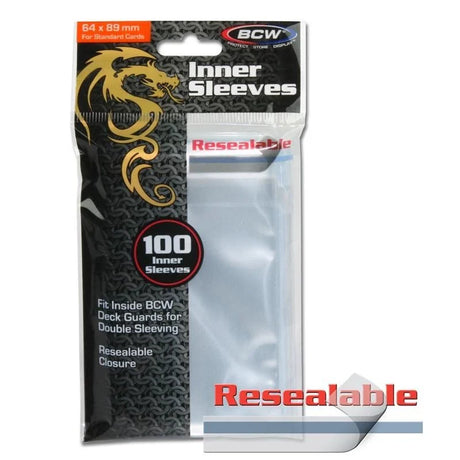 Clear resealable inner sleeves by BCW for protecting and storing collectible cards or trading cards.
