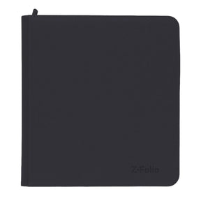 Black BCW Z-Folio 12-Pocket Album front view, durable plastic cover with clear pockets for storing trading cards or collectibles.