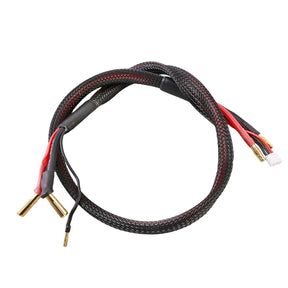 Gens Ace 2S charge cable with 5mm bullet connectors for RC batteries, black and red wires, and connector ends visible.