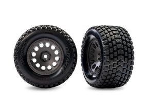 Pair of gray Traxxas Gravix pre-mounted front wheels for Mini XRT RC truck, showing detailed rubber tires and wheel hubs.