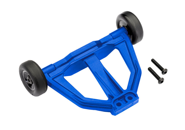 Blue Traxxas wheelie bar for RC vehicles, featuring durable construction and precise fit for enhanced stability during stunts.
