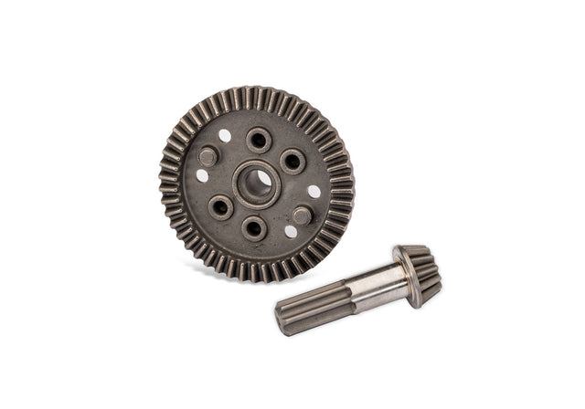 Traxxas front differential ring and pinion gear for RC cars, showing gear components and teeth in close-up.