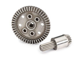 Traxxas rear differential ring and pinion gears for RC cars, showing metal gears with precise teeth for durable performance.