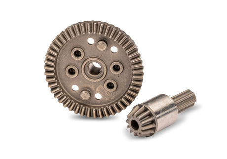 Traxxas rear differential ring and pinion gears for RC car, showing metallic gears and precise gear teeth.