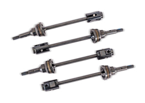 Traxxas WideMaxx Steel CV driveshafts for RC trucks, showing detailed metal construction and joint connections.