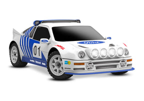 Traxxas Mini Rally VXL Ford RS200 remote control car, front three-quarter view showing white body and detailed design.