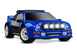 Traxxas Mini Rally VXL Ford RS200 remote control car, blue, front quarter view showing detailed body and wheels.