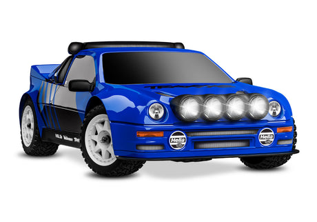 Traxxas Mini Rally VXL Ford RS200 remote control car, blue, front quarter view showing detailed body and wheels.