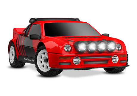 Red Traxxas Mini Rally VXL Ford RS200 remote control car shown from a three-quarter front view.
