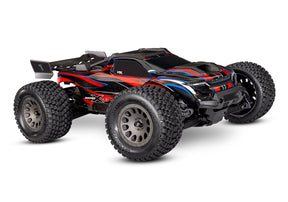Red Traxxas Mini XRT VXL remote control truck viewed from the front quarter angle.