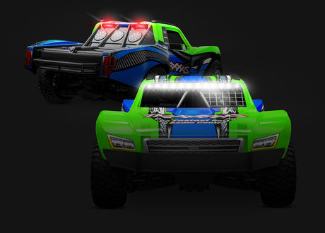 Traxxas Mini Slash 4X4 LED light kit with green lights installed on a dark background, showcasing the bright LED accents.