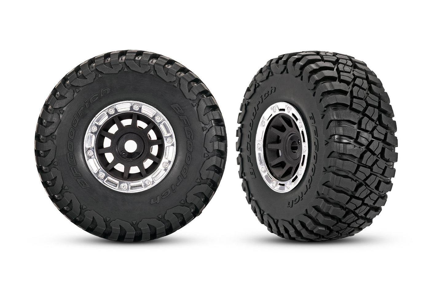Traxxas black and chrome 1.4-inch wheels with BFG mud-terrain tires for RC trucks, shown in the image.