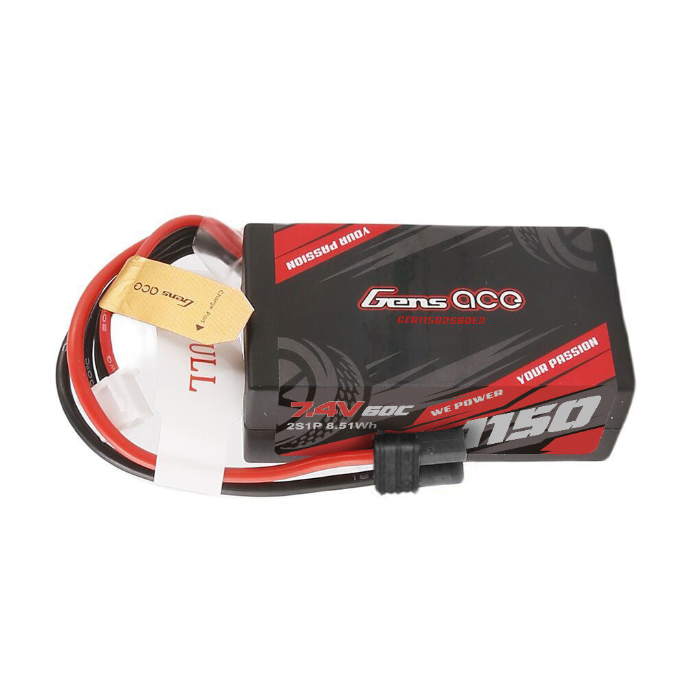 Gens Ace 1150mAh 2S 60C 7.4V hardcase LiPo battery with IEC2 plug, showing the compact battery with protective casing.