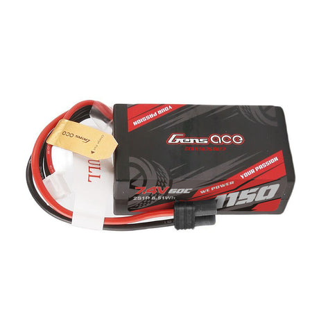 Gens Ace 1150mAh 2S 60C 7.4V hardcase LiPo battery with IEC2 plug, showing the compact battery with protective casing.