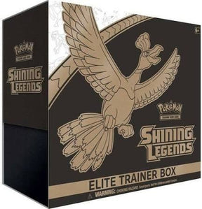 Pokémon Shining Legends Elite Trainer Box featuring Pokémon TCG booster packs, card sleeves, and accessories on a white background.