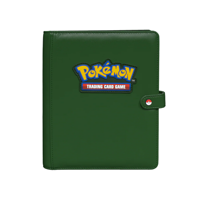 Ultra Pro premium green Pokémon 4-pocket snap binder with front view showing clear pockets and sturdy design for trading cards.