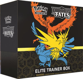 Pokemon Hidden Fates Elite Trainer Box for Pokémon TCG, featuring card packs, accessories, and promotional items.