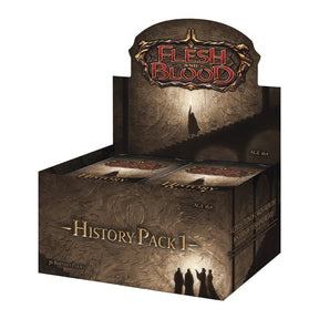 Flesh and Blood History Pack 1 Booster Box of collectible trading cards by Legends Story Studios, featuring colorful card artwork.