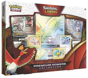 Pokemon Shining Legends Premium Powers Collection Pokémon TCG box with cards and accessories on a white background.