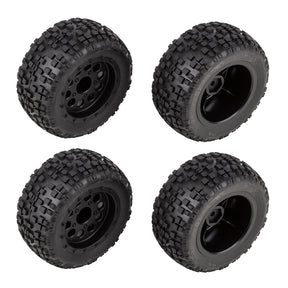 Team Associated Reflex 14MT RC car tires and wheels set, showing black rubber tires and silver alloy wheels for remote control racing.