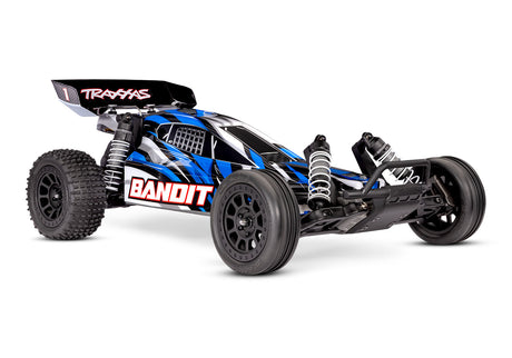Blue Traxxas Bandit XL-5 radio-controlled car with battery, shown from a three-quarter front view.