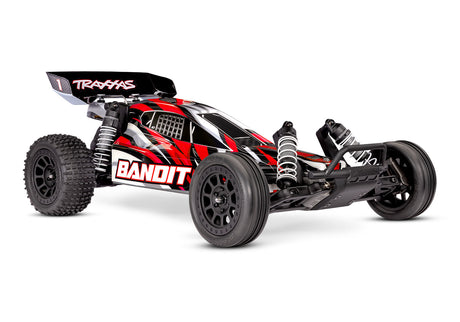 Red Traxxas Bandit XL-5 radio-controlled car with battery, shown from a three-quarter front view.