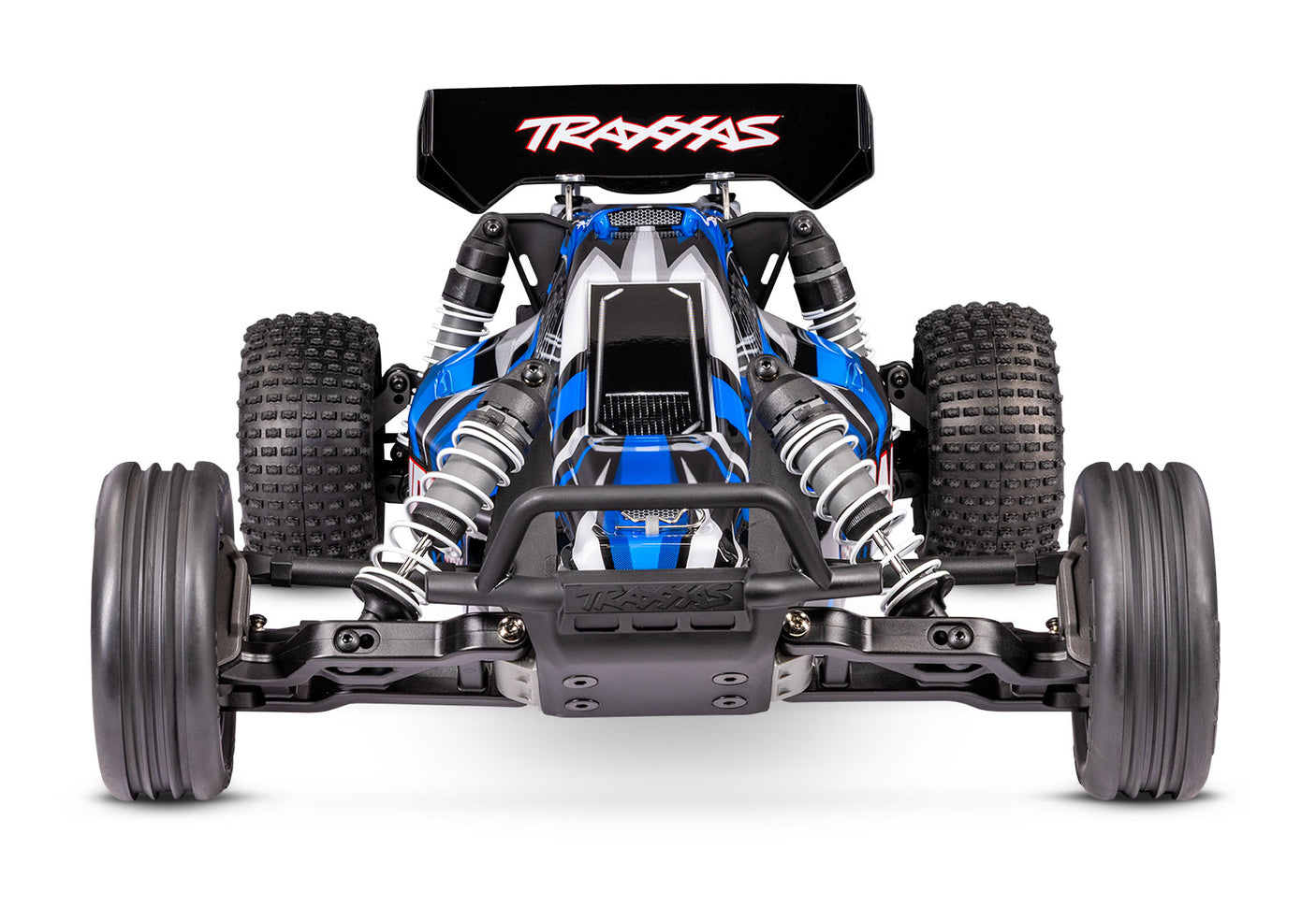 Blue Traxxas Bandit XL-5 RC car with front view, featuring battery and detailed exterior for high-performance off-road racing.