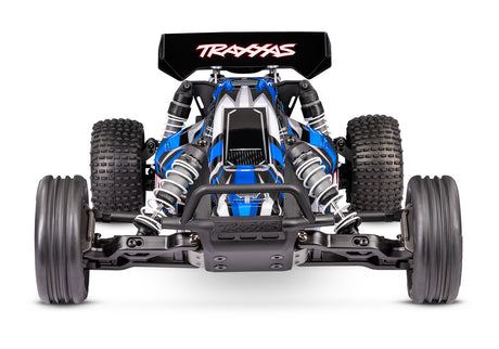 Blue Traxxas Bandit XL-5 RC car with front view, featuring battery and detailed exterior for high-performance off-road racing.