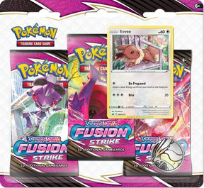 Pokémon Trading Card Game Fusion Strike 3-Pack Blister with Pokémon cards and booster packs displayed on a white background.
